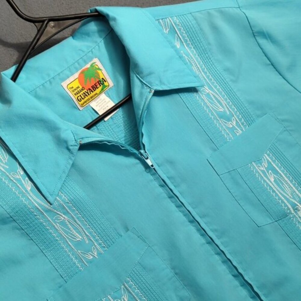Haband Guayabera Shirt Men's L Blue Zip Up Short Sleeve White Embroidery